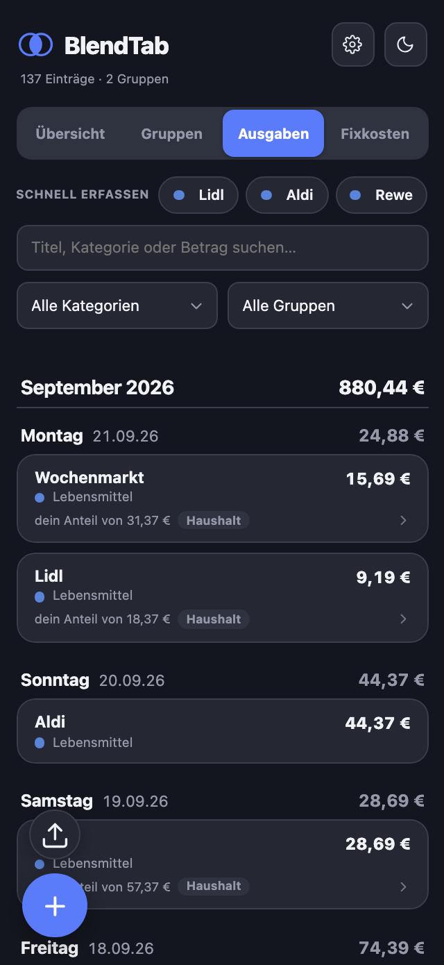 Die Ausgabenliste von BlendTab