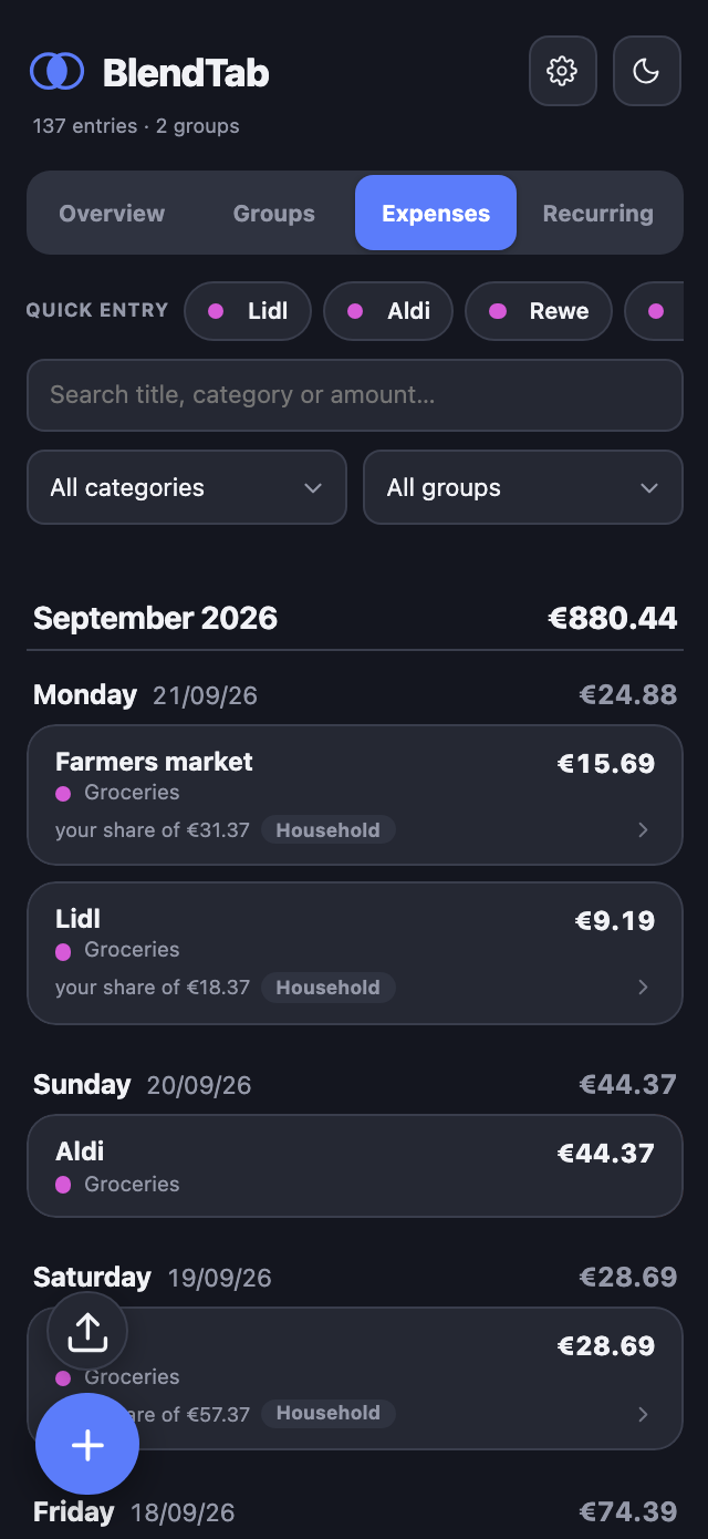 The BlendTab expense list